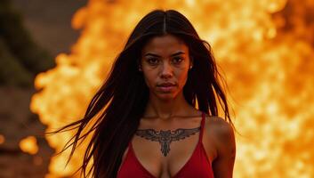An ethereal African American woman in flames walks through the inferno as a supernatural figure of power and resilience Sovereign Unparalleled Unconquerable Unswerving photo