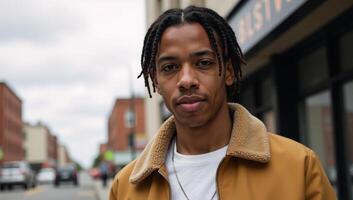 A young African American man stands coolly in a trendy outfit on a bustling city street gazing confidently towards the camera from a low angle photo
