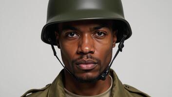 Portrait featuring an AfricanAmerican soldier wearing a helmet amidst military backdrop photo