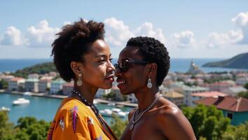 Punkstyle image portrays an African American couple admiring a sunset view of London from a Jamaican rooftop photo