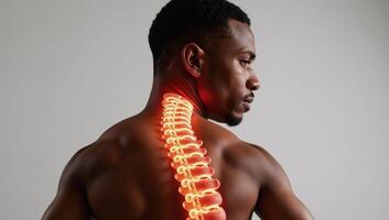 An AfricanAmerican man depicted with prominently displayed spine and radiating lines of visible pain photo