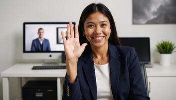 Friendly African American businesswoman leads online meeting from her office with a wave on a call Online Business Digital Meeting photo