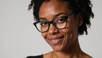 A beautiful black woman wearing glasses poses for a closeup portrait photo