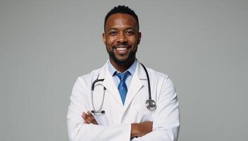 A smiling doctor in white coat with stethoscope AfricanAmerican male photo