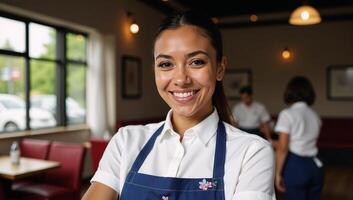 An attractive young black woman smiles happily while working as a waitress photo