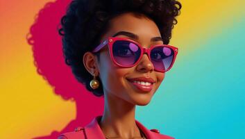 Animated portrayal of a stylish selfassured African American woman wearing cool shades against vibrant background colors photo