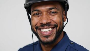 A smiling African American security guard wears a blue uniform and helmet photo