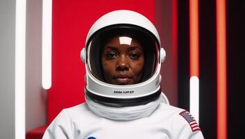 Minimalist depiction of an AfricanAmerican Astronaut on red white and black background photo