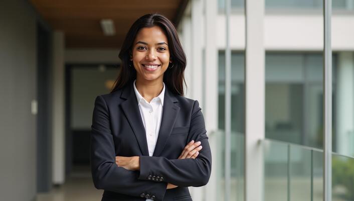 Confident Black businesswoman in contemporary office environment