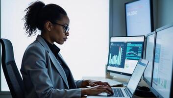 A black female IT specialist is depicted engrossed in cybersecurity analysis within a digitallyrendered environment brimming with codes and graphics symbolizing technological power photo