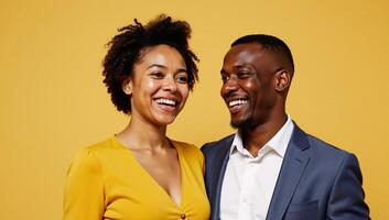 A portrait showcases an AfricanAmerican young couple aged around 20 sharing laughter on a pastel yellow backdrop as they celebrate their first love photo