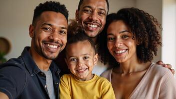An AfricanAmerican family poses for a selfie at their home photo