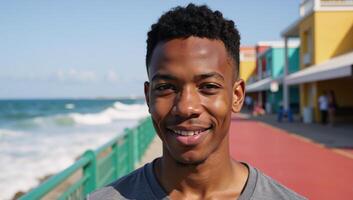 Portrait showcasing an African American male sitting on a beachfront promenade photo