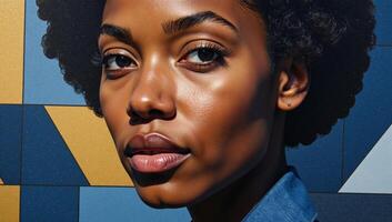 AfricanAmerican woman portrayed in a denim patchwork cubist mural featuring dynamic blue and gold tones photo