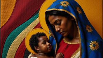 An abstract portrait depicting AfricanAmerican Virgin Mary holding child during nativity scene photo
