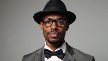 Urban intellectual portrait featuring stylish AfricanAmerican man with nerdy glasses fedora bow tie photo