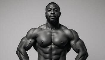 A powerful Black athlete muscular and athletic depicted as an African American bodybuilder with strong features in a waistlength torso portrait photo