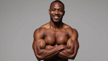 An athletic Black man stands with crossed arms and a smile against a backdrop photo