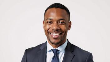 Young African American Businessman with a Smile isolated against a pure white backdrop photo