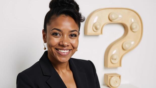 Smiling African American Coco posed inquisitively with a lightbulb beside her against a clean white backdrop photo