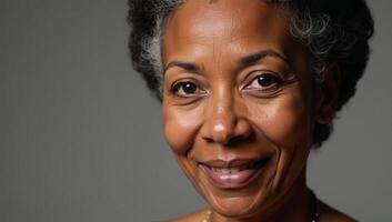 Closeup portrait of a beautiful African American senior woman with emphasis on highdefinition details photo