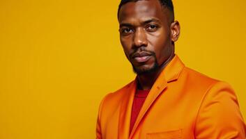 A striking portrait featuring an AfricanAmerican man wearing an orange jacket against a vibrant yellow background photo