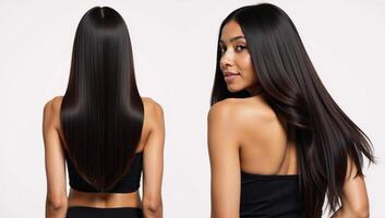 en un concepto estudio Sesión de fotos un africano americano modelo exuda elegancia mientras haciendo alarde elegante poses y sedoso pelo extensiones