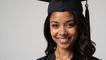 A beaming young AfricanAmerican woman graduate is depicted in formal attire black cap tunic smiling confidently towards the viewer photo