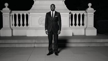 AfricanAmerican man standing before monument in suit and tie photo
