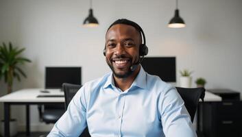 An office setting featuring an African American man with headset and smiling expression photo
