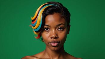 A vibrant African American woman with electrifying hair color displays creativity and boldness on an emerald backdrop photo