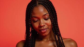 Closeup portrait of a radiant Black woman with long braids in a vibrant coral backdrop eyes closed gazing downwards photo