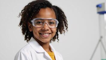 Portrait of an AfricanAmerican schoolgirl in lab with glasses and whitened background photo