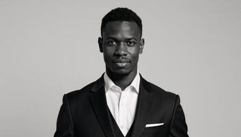 A young AfricanAmerican professional exhibits a thoughtful demeanor while dressed smartly for business attire photo