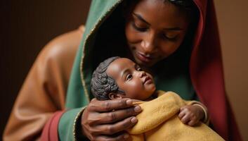 A soulful African American Nativity Scene portrays Mary Joseph and Baby Jesus in vibrant warm tones highlighting cultural authenticity and an intimate loving familial moment photo