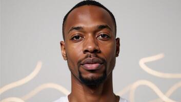 A vibrant portrait showcases an abstracted image of a young African American man set against a light backdrop with lively decorative wave patterns photo