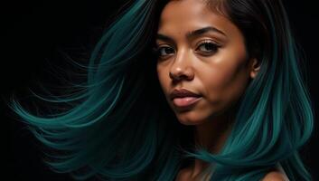 A closeup portrait featuring an Afro woman with tealsapphire hair against a black backdrop highlighted by professional light and makeup techniques photo