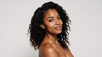 Stunning African American model portrayed with curly braids and a sharp jawline against a white background in the style of Beautiful Portraits concept photo