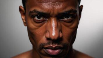 Detailed portrait of an intense focused African American male with dewdrops on his face photo