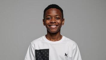 Isolated portrait of a smiley African American teenage boy dressed casually against a gray backdrop photo