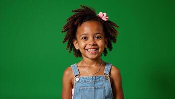 A happy African American girl with curls against a vibrant green backdrop in a beautiful unique 4K image photo