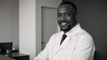 An image featuring an AfricanAmerican man in a lab coat standing at a front counter photo