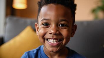 A beaming AfricanAmerican child fills a warm indoor scene with radiant smiles and youthful innocence photo