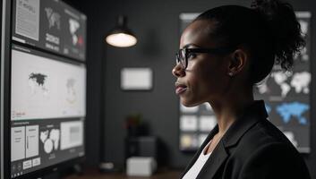 Black female IT specialist examining cyber threats ARAI elements sideprofile view with copy space for text overlay photo
