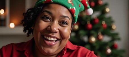 Plussize African American woman engages joyfully over a holiday call while donning a festive Santa hat photo