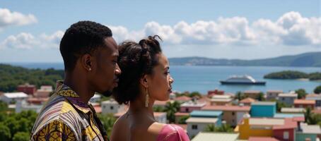 Punkstyle image portrays an African American couple admiring a sunset view of London from a Jamaican rooftop photo