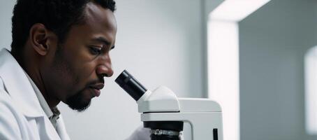 An African American scientist examines a specimen within a lab emphasizing his works importance in healthcare and science with strategic use of contrasting whites photo