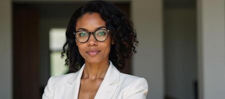 A confident AfricanAmerican woman in glasses wearing a white blazer stands and points within an indoor setting photo