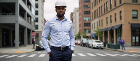 Confident Black construction worker poses on city sidewalk photo