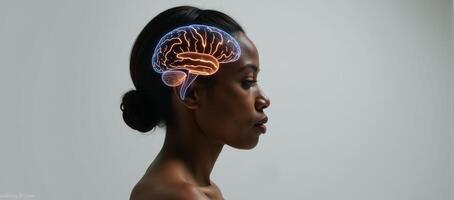 Sideview photorealistic portrait of African American woman with illuminated brain against a clean white backdrop for design purposes photo